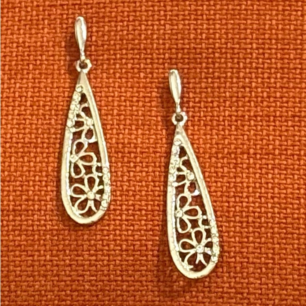 Vintage Artisan Sterling Silver Plated Rhinestones Teardrop Post Dangle Earrings